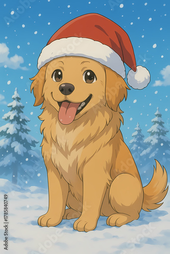 Dog Cute Christmas Animals Wearing Santa Hats in Snowy Anime Style