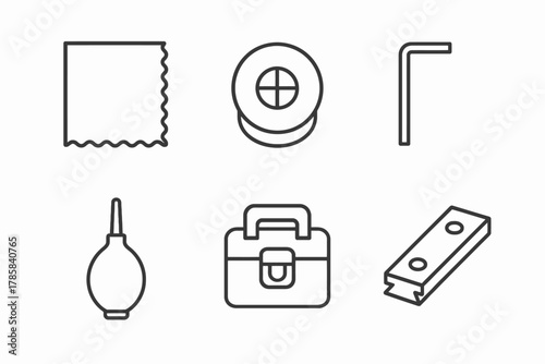 Icon set: toolbox, cleaning cloth, air blower, hex key, camera lens, razor blade