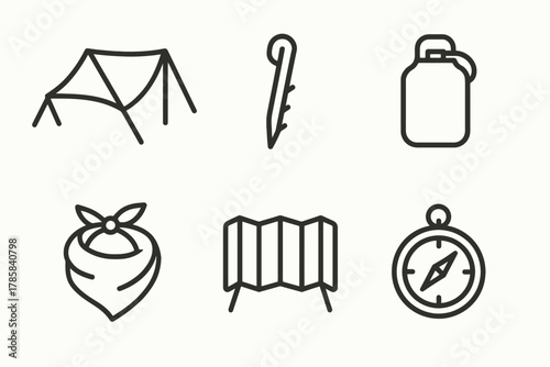 Outdoor camping essentials: tent, hiking, canteen, bandana, map, compass icons