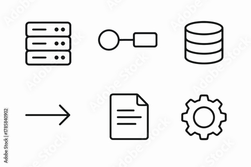 Simple line icons of database, key, disk, arrow, document, and gear on white background