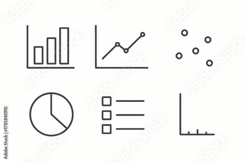 Minimalist line art of various graph and chart icons for data representation