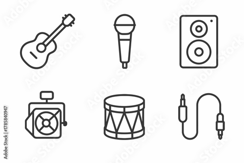Outline icons of musical instruments and equipment: guitar microphone speaker drum cable