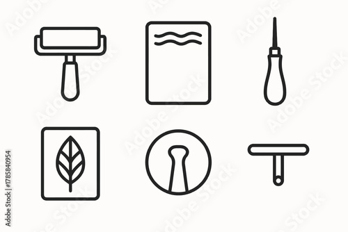 Vector icons of art tools: brayer, linocut, squeegee, burnisher, scraper