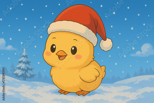 baby chick Cute Christmas Animals Wearing Santa Hats in Snowy Anime Style