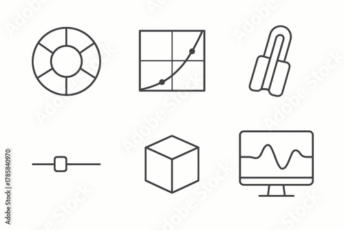 Minimalist editing tool icons: lifebuoy, curves, paperclip, slider, cube, monitor