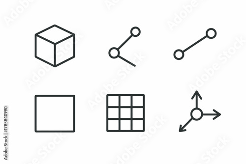 Simple geometric icons: cube, line, plane, grid, axes