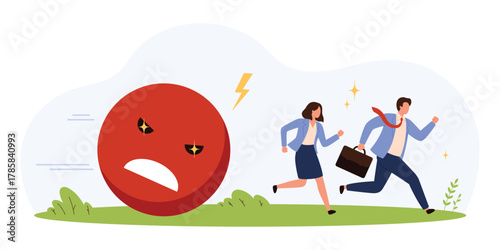 Two business professionals flee from a large angry red emoji symbolizing negative feedback, stress, and workplace criticism in a modern flat style isolated vector illustration