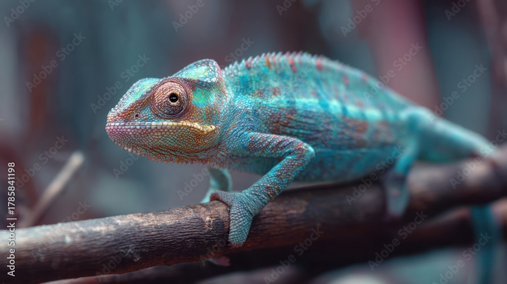 Obraz premium A colorful chameleon on a branch in the jungle, a side view of the exotic reptile with bright blue and orange scales
