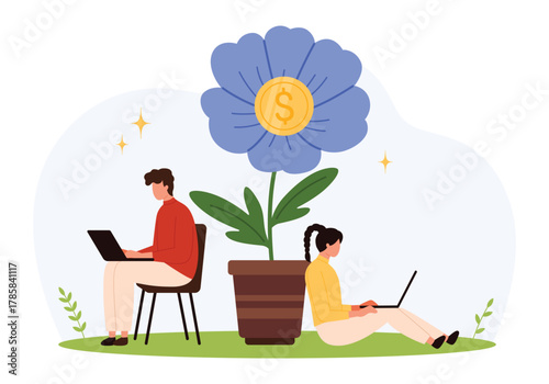 Man and woman using laptops near a large potted flower with a gold coin symbolizing income growth, prosperity, and remote work opportunities isolated vector illustration