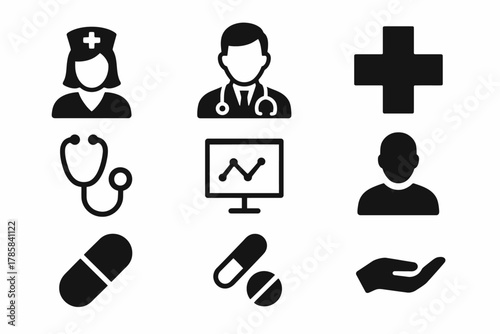 Healthcare icons: doctor, nurse, medical tools, pills, and cross silhouettes