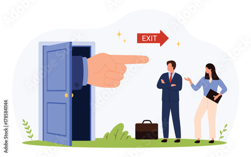 Large hand points to exit as a businessman stands with arms crossed and a woman gestures, symbolizing job loss, termination, or workplace conflict isolated vector illustration