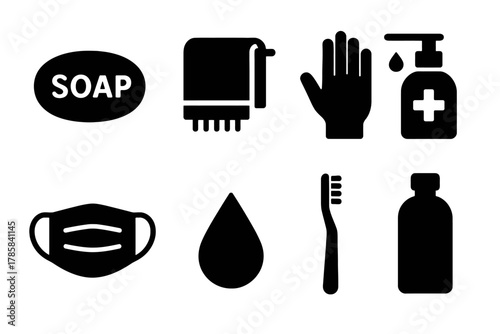 Personal hygiene icons: soap, towel, hand sanitizer, mask, water drop, toothbrush, shampoo bottle