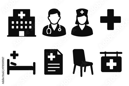 Medical icon set featuring hospital, doctors, nurse, cross, bed, document, chair, sign