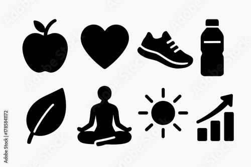 Icons representing health and wellness concepts in simple black silhouettes