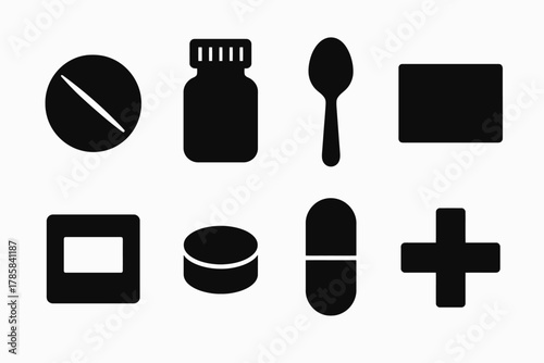 Black and white medication icons: pills, bottle, spoon, warning, plus sign