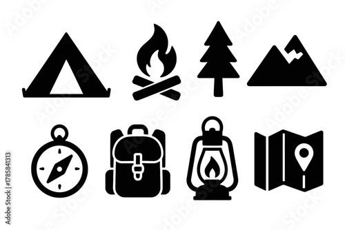 Camping adventure icons: tent, campfire, tree, mountain, compass, backpack, lantern, map
