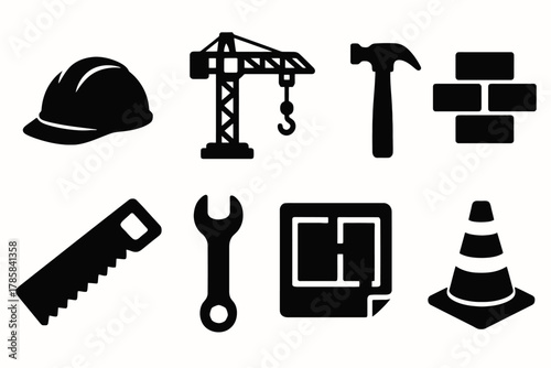 Construction icons set: hard hat, crane, hammer, bricks, saw, wrench, blueprint, cone