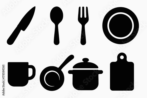 Silhouette icons of kitchen utensils and cookware on white background