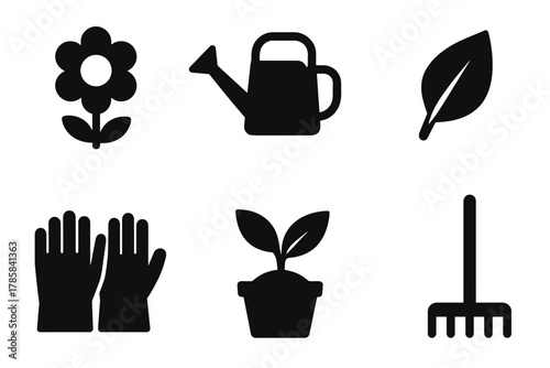 Gardening essentials icons: flower, watering can, leaf, gloves, plant, rake
