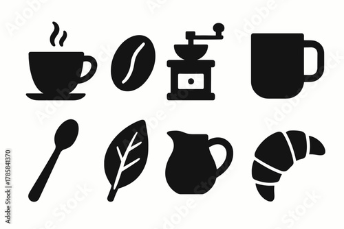 Coffee icons: cup, bean, grinder, mug, spoon, leaf, pitcher, croissant