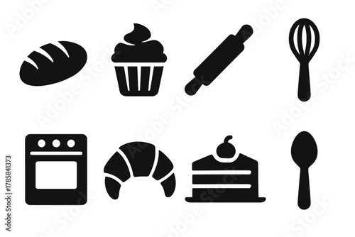Baking icons: bread, cupcake, rolling pin, whisk, oven, croissant, cake, spoon