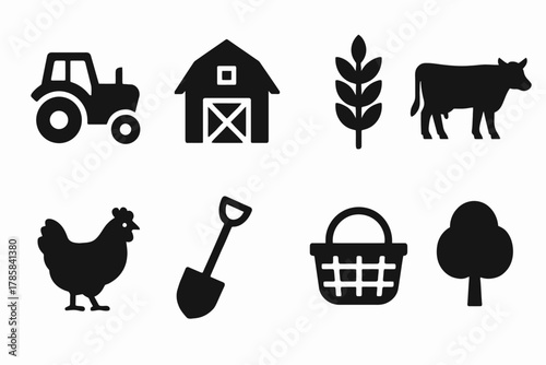 Farm icons: tractor, barn, crop, cow, chicken, shovel, basket, tree silhouettes