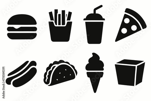Silhouette icons of fast food items: burger, fries, drink, pizza, hot dog, taco, ice cream, box