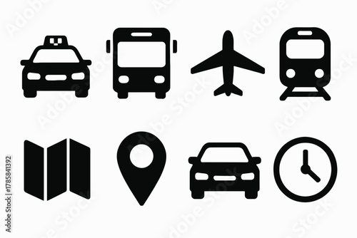 Transportation icons: taxi, bus, airplane, train, map, location, car, clock