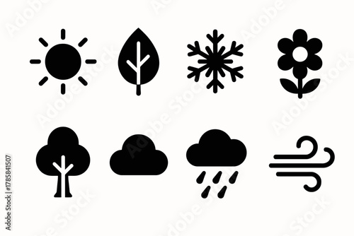 Set of simple black icons representing weather and nature elements