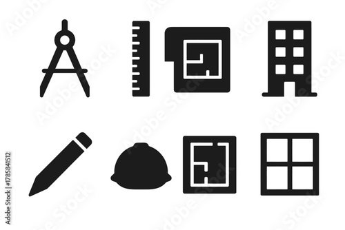 Architectural design tools: compass, ruler, floor plans, and building icons collection