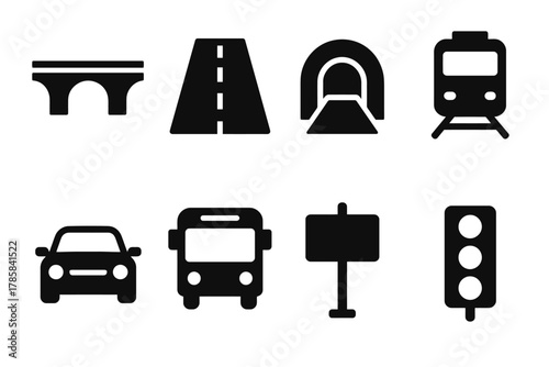 Set of black transportation and road icons: bridge, road, tunnel, train, car, bus, sign, traffic light