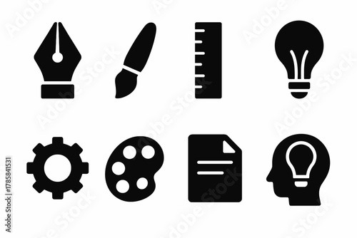 Creative design icons: pen, brush, ruler, lightbulb, gear, palette, document, head