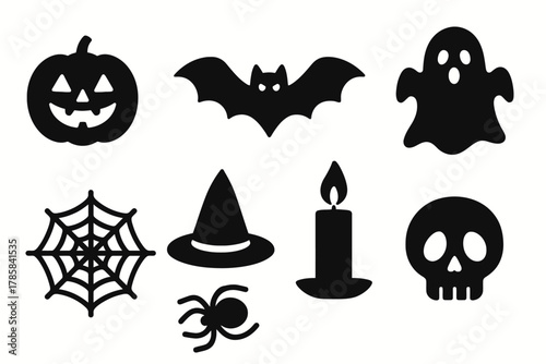 Halloween icons: pumpkin, bat, ghost, web, witch hat, candle, spider, skull