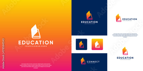 book logo with open cover, information symbol, educational services, science, vector graphic template.