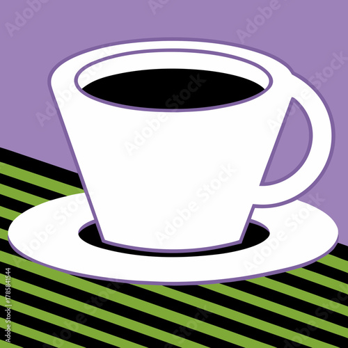 Stylized white coffee cup with black coffee on a saucer against a purple and striped background