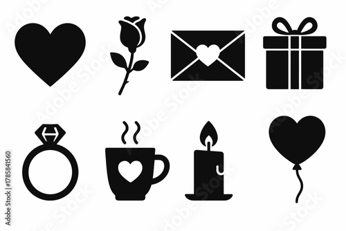 Romantic icon set: heart, rose, love letter, gift, ring, mug, candle, balloon