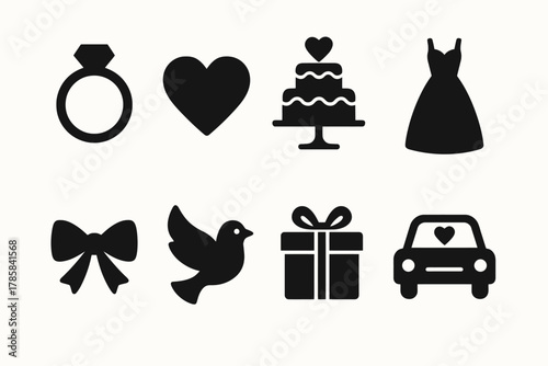 Wedding icon set: ring, heart, cake, dress, bow, dove, gift, car