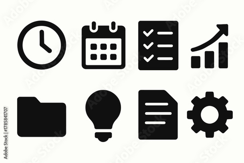 Business icons: clock, calendar, checklist, growth, folder, lightbulb, document, gear