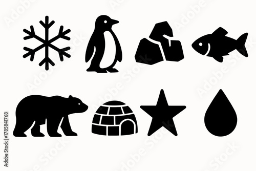 Arctic icons: snowflake, penguin, polar bear, igloo, and more in bold black silhouettes