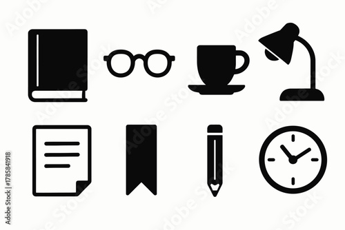 Minimalist icons: book, glasses, coffee, lamp, document, bookmark, pencil, clock