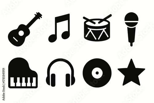 Set of musical icons featuring guitar, drum, piano, and microphone symbols