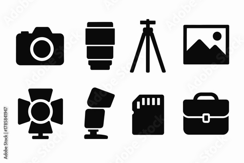 Photography equipment icons: camera, lens, tripod, more in black silhouette