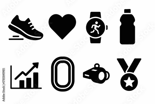 Running essentials: shoes, heart, fitness watch, water bottle, and more