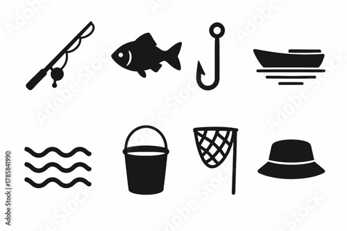 Fishing icon set: rod, fish, hook, boat, waves, bucket, net, hat silhouettes