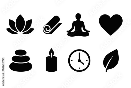 Icons of wellness: lotus, yoga, meditation, heart, stones, candle, clock, leaf