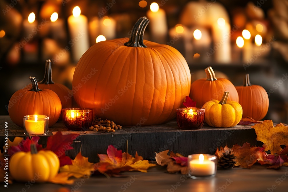 Fototapeta premium Thanksgiving table, pumpkins, candles.