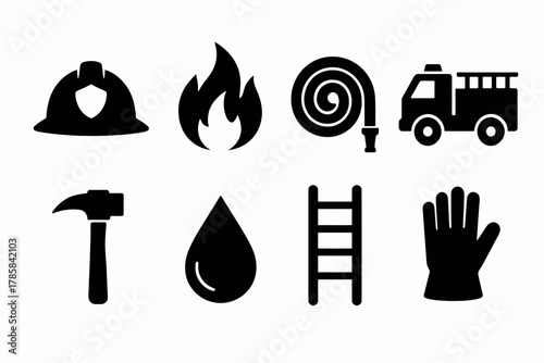 Firefighting icons: helmet, flame, hose, truck, hammer, drop, ladder, glove