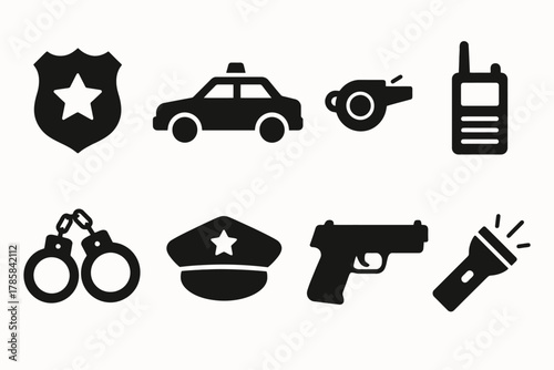 Police icon set: badge, car, whistle, radio, handcuffs, hat, gun, flashlight