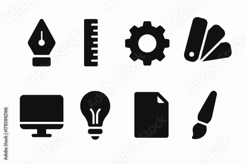 Design tool icons: pen nib, ruler, gear, color swatches, monitor, light bulb, document, paintbrush