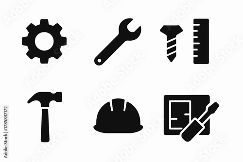 Construction tool icons: gear, wrench, screw, ruler, hammer, hard hat, blueprint